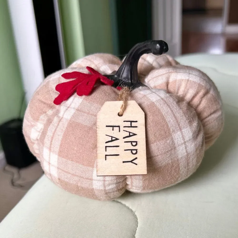 Plush Cream Plaid Red Maple Leaf Accented Pumpkin Fall Home Accent